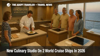 Guests attend a chef led class in the new Regent culinary studio Mariner Voyager style Epicurean Enrichment Studio aboard Seven Seas Mariner with ocean views in the background