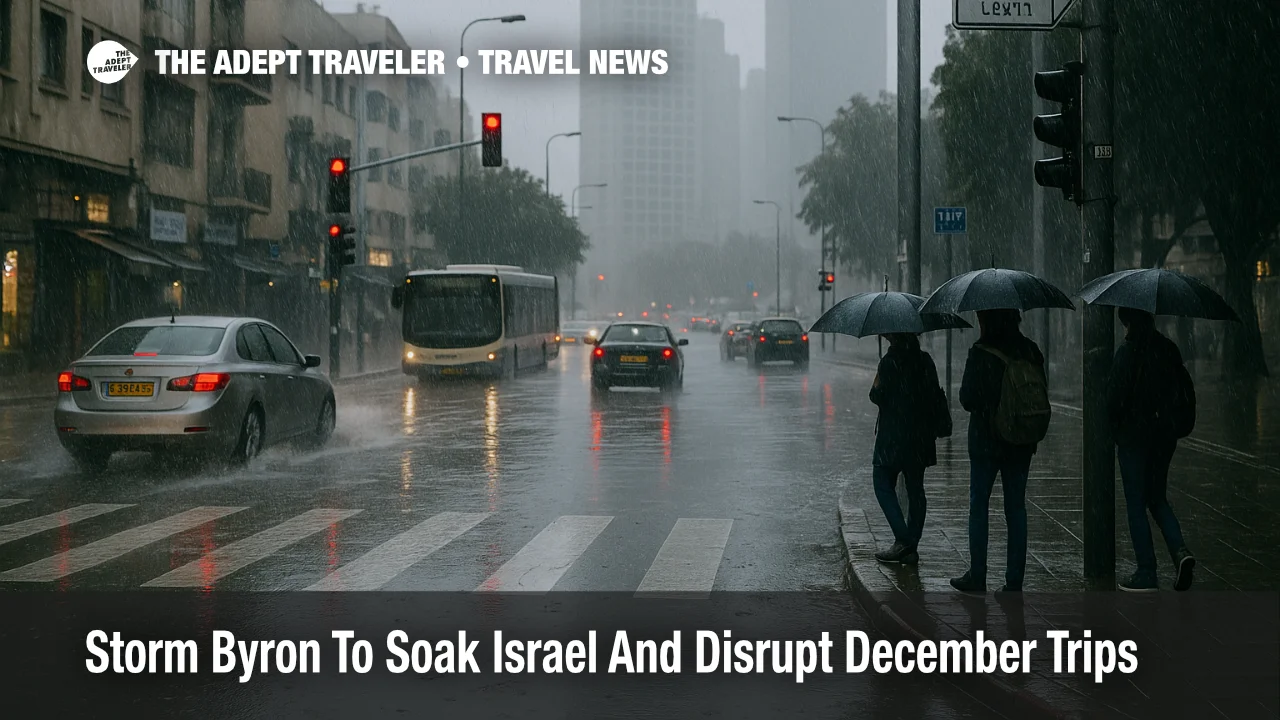 Heavy rain from Storm Byron floods a central Tel Aviv street as traffic and pedestrians struggle with storm related Israel travel disruption