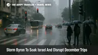 Heavy rain from Storm Byron floods a central Tel Aviv street as traffic and pedestrians struggle with storm related Israel travel disruption