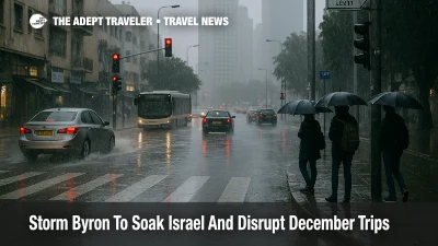 Heavy rain from Storm Byron floods a central Tel Aviv street as traffic and pedestrians struggle with storm related Israel travel disruption