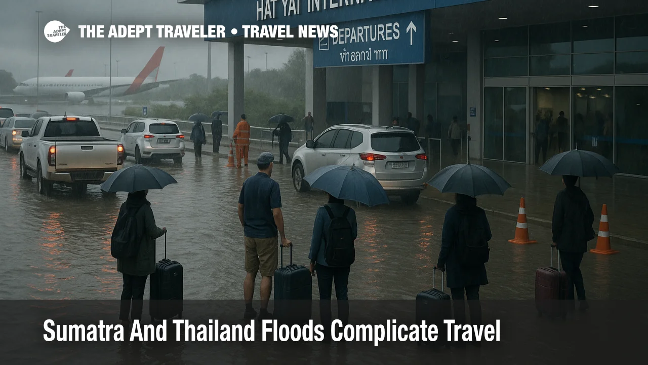 Travelers stand by halted cars in shallow floodwater near Hat Yai International Airport as Sumatra Thailand floods travel plans disrupt access roads and flights