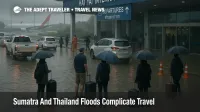 Travelers stand by halted cars in shallow floodwater near Hat Yai International Airport as Sumatra Thailand floods travel plans disrupt access roads and flights