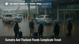 Travelers stand by halted cars in shallow floodwater near Hat Yai International Airport as Sumatra Thailand floods travel plans disrupt access roads and flights