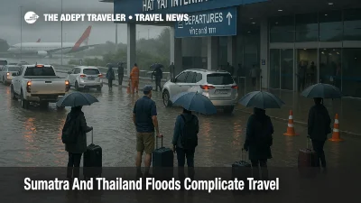 Travelers stand by halted cars in shallow floodwater near Hat Yai International Airport as Sumatra Thailand floods travel plans disrupt access roads and flights