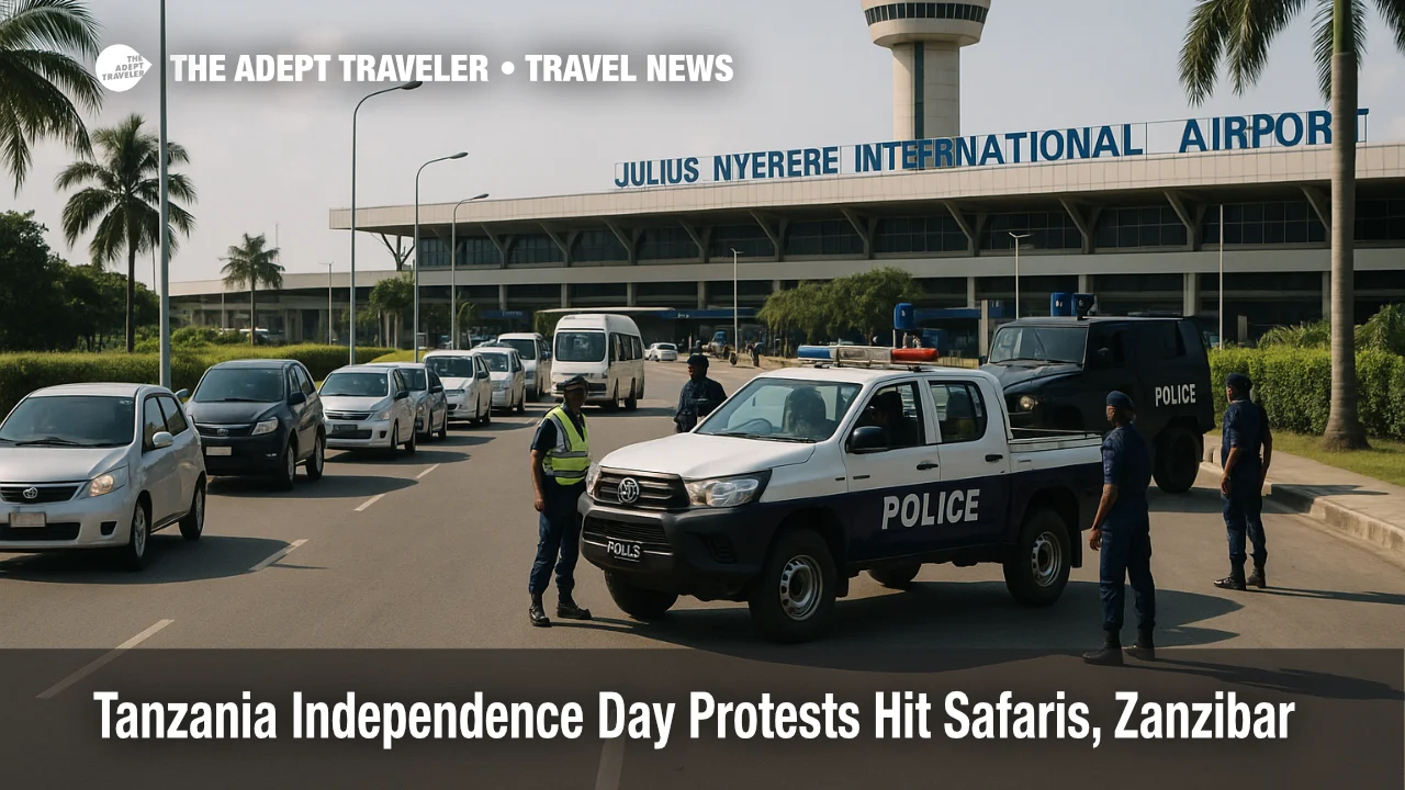 olice checkpoint slows cars on the Julius Nyerere Airport access road amid Tanzania Independence Day protests travel risk