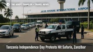 olice checkpoint slows cars on the Julius Nyerere Airport access road amid Tanzania Independence Day protests travel risk