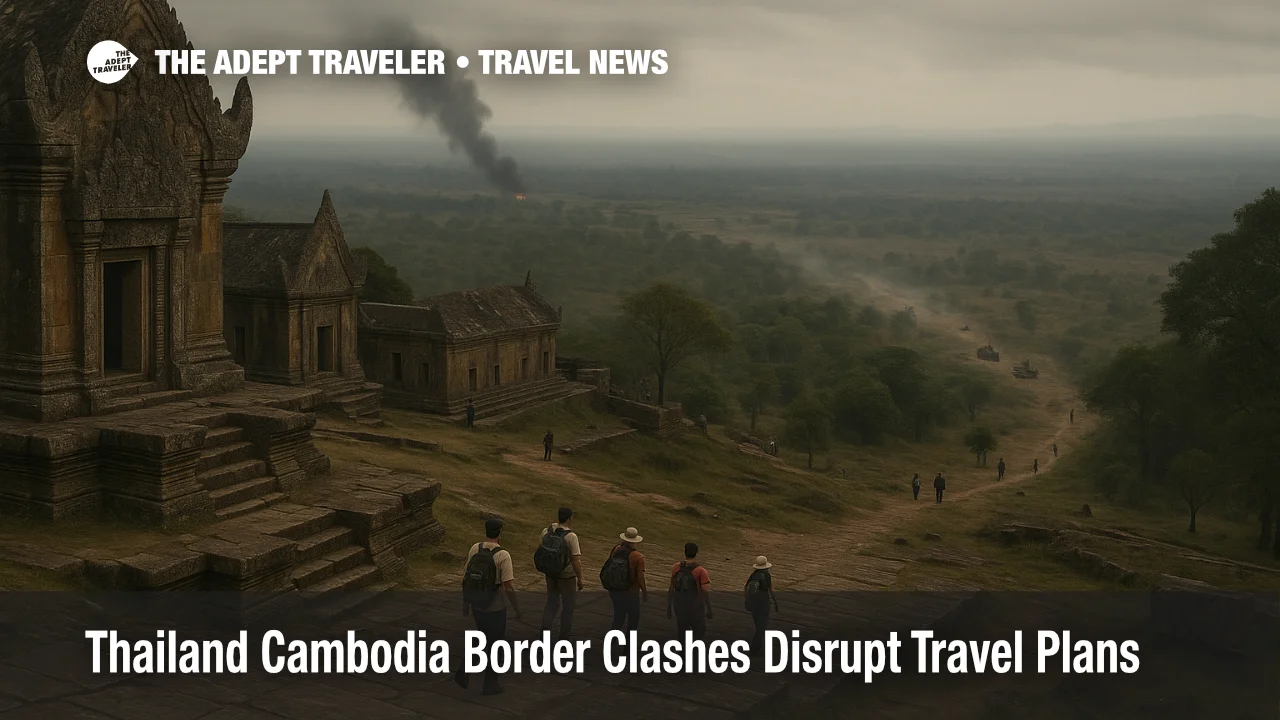 View over Preah Vihear Temple toward a hazy frontier as Thailand Cambodia border conflict travel risks close nearby crossings and keep visitors away