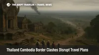 View over Preah Vihear Temple toward a hazy frontier as Thailand Cambodia border conflict travel risks close nearby crossings and keep visitors away