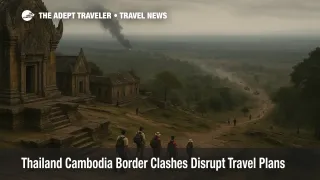 View over Preah Vihear Temple toward a hazy frontier as Thailand Cambodia border conflict travel risks close nearby crossings and keep visitors away