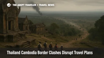 View over Preah Vihear Temple toward a hazy frontier as Thailand Cambodia border conflict travel risks close nearby crossings and keep visitors away