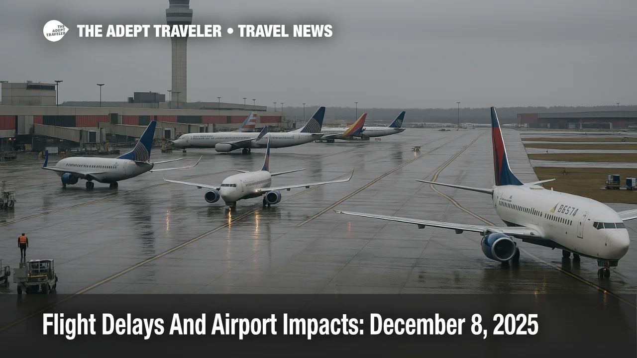 Airliners queue on wet taxiways at Hartsfield Jackson during U.S. flight delays December 8 as low clouds and gray skies slow departures.