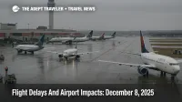 Airliners queue on wet taxiways at Hartsfield Jackson during U.S. flight delays December 8 as low clouds and gray skies slow departures.