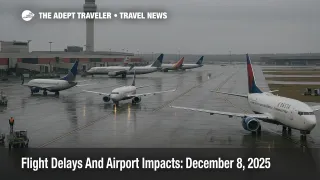 Airliners queue on wet taxiways at Hartsfield Jackson during U.S. flight delays December 8 as low clouds and gray skies slow departures.