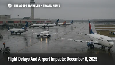 Airliners queue on wet taxiways at Hartsfield Jackson during U.S. flight delays December 8 as low clouds and gray skies slow departures.