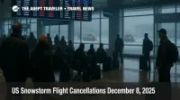 Passengers watch boards at Chicago O Hare as US snowstorm flight cancellations disrupt departures across the terminal