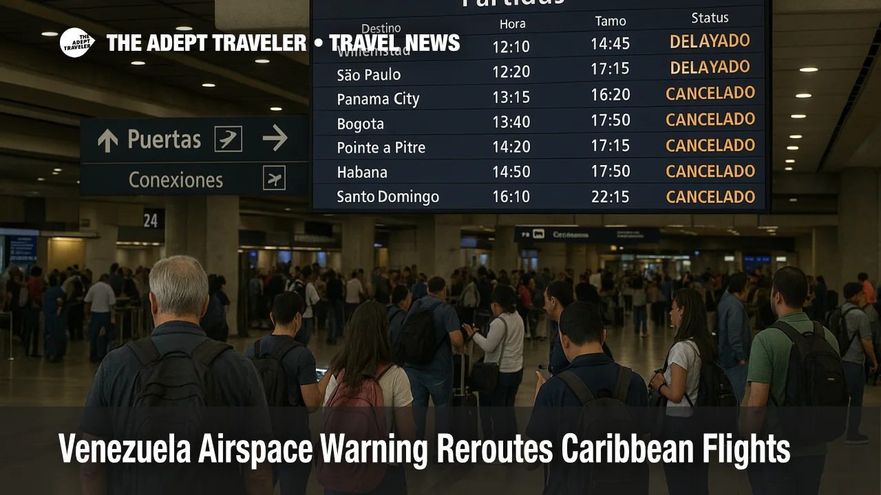 Travelers study departure boards at Simón Bolívar Airport as the Venezuela airspace warning reroutes Caribbean flights and leaves several Caracas routes canceled