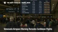Travelers study departure boards at Simón Bolívar Airport as the Venezuela airspace warning reroutes Caribbean flights and leaves several Caracas routes canceled
