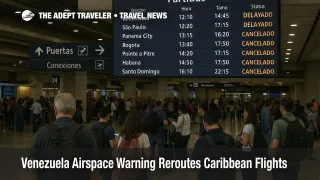 Travelers study departure boards at Simón Bolívar Airport as the Venezuela airspace warning reroutes Caribbean flights and leaves several Caracas routes canceled