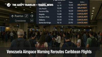 Travelers study departure boards at Simón Bolívar Airport as the Venezuela airspace warning reroutes Caribbean flights and leaves several Caracas routes canceled