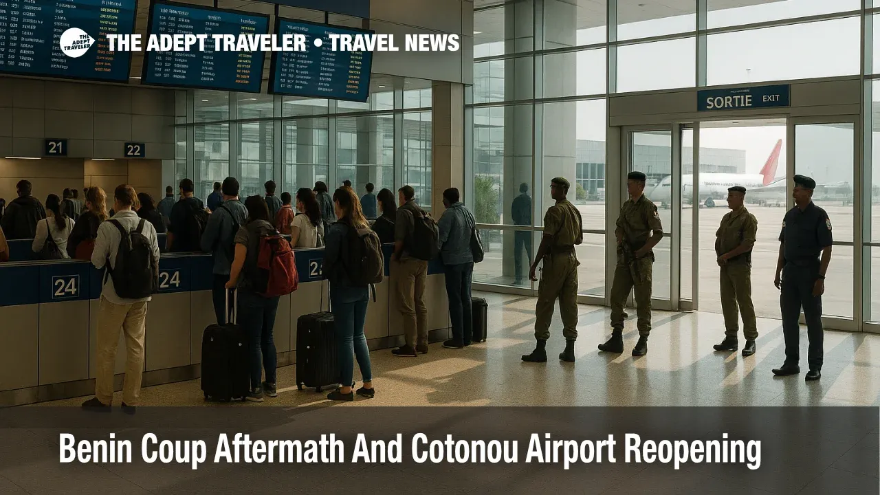 Travelers at Cotonou check in after Cotonou airport reopening as soldiers patrol nearby following the Benin coup attempt.