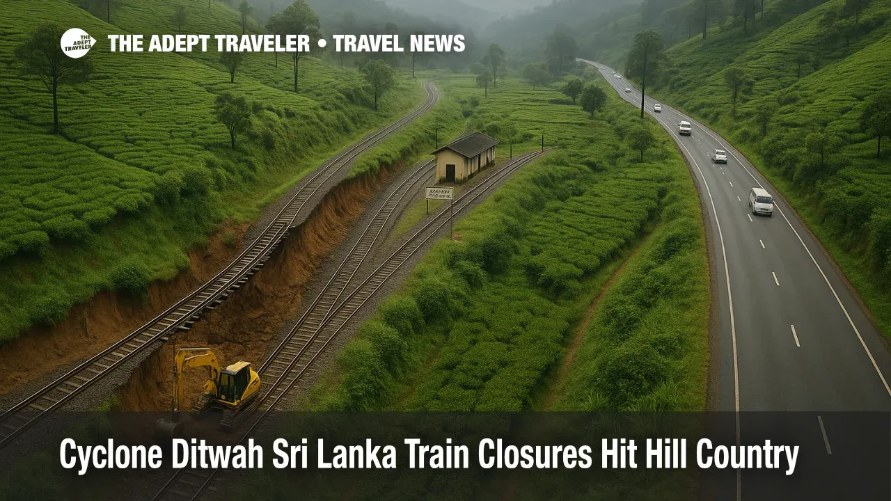 Landslide damage from Cyclone Ditwah Sri Lanka train closures leaves a hill country rail line near Kandy and Ella shut while road traffic diverts along nearby mountain roads.