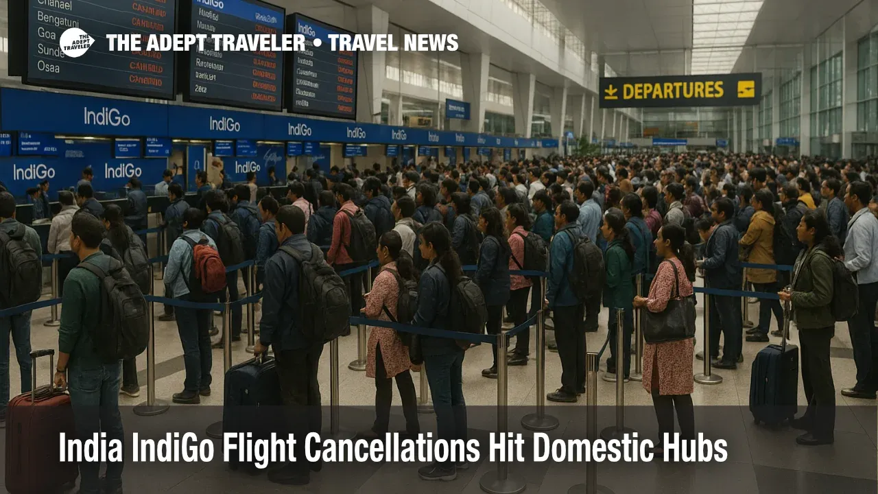 Crowded check in queues at Delhi airport as IndiGo flight cancellations India reduce domestic capacity and leave travelers facing delays and rebookings