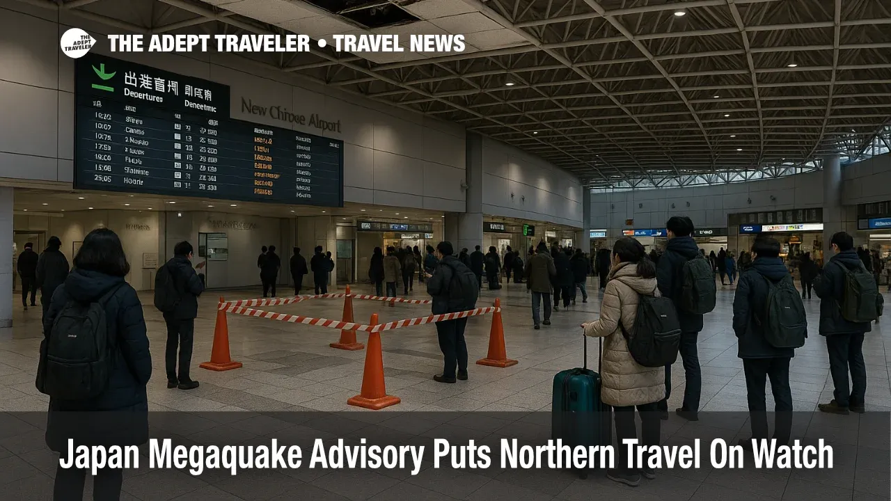 Travelers wait under taped off ceiling panels at New Chitose Airport as the Japan megaquake advisory affects coastal travel.