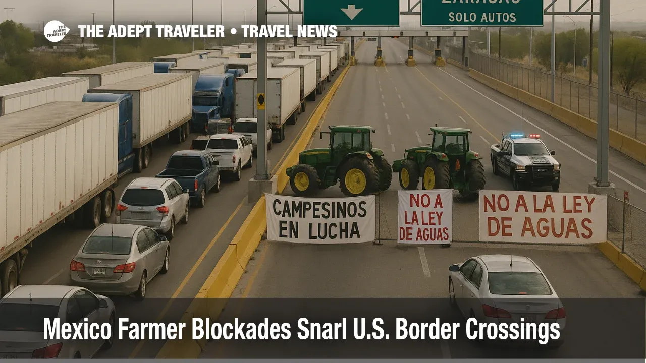 Long lines of trucks and cars at the Ysleta Zaragoza bridge during Mexico farmer blockades border crossings, highlighting heavy delays for travelers near Ciudad Juárez and El Paso.