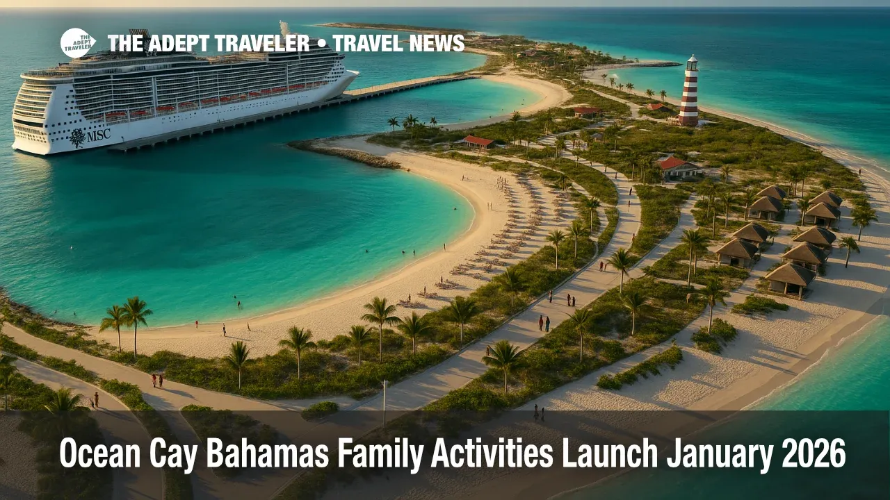 Aerial view of new Ocean Cay family activities on MSCs private island in The Bahamas with beaches, lagoon, and a docked cruise ship.