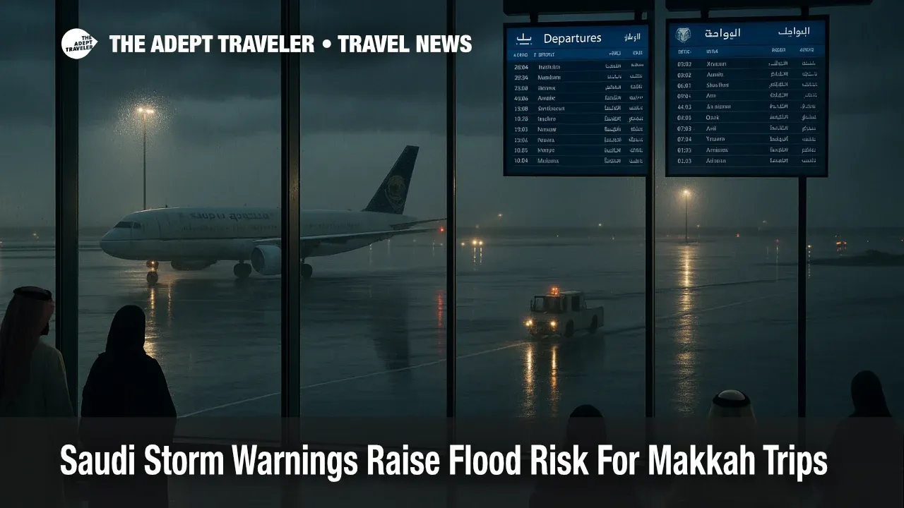 Heavy rain floods access roads at King Abdulaziz Airport in Jeddah as Saudi storm warnings disrupt Makkah travel.