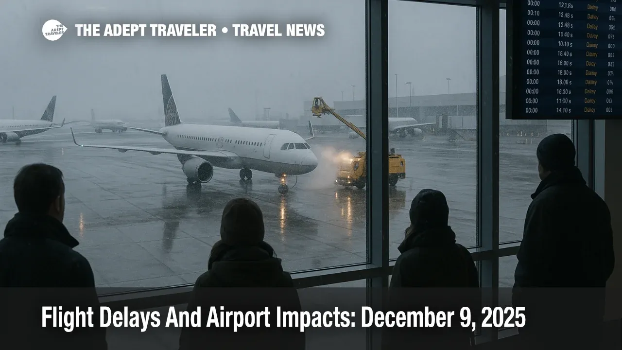 Passengers watch snowy ramps at Chicago O'Hare as US flight delays December 9 2025 build from wind snow and low clouds across major hubs.