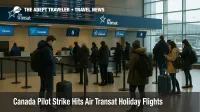 Travelers queue at Air Transat check in counters in Montreal as an Air Transat pilot strike threatens winter sun and Europe holiday flights