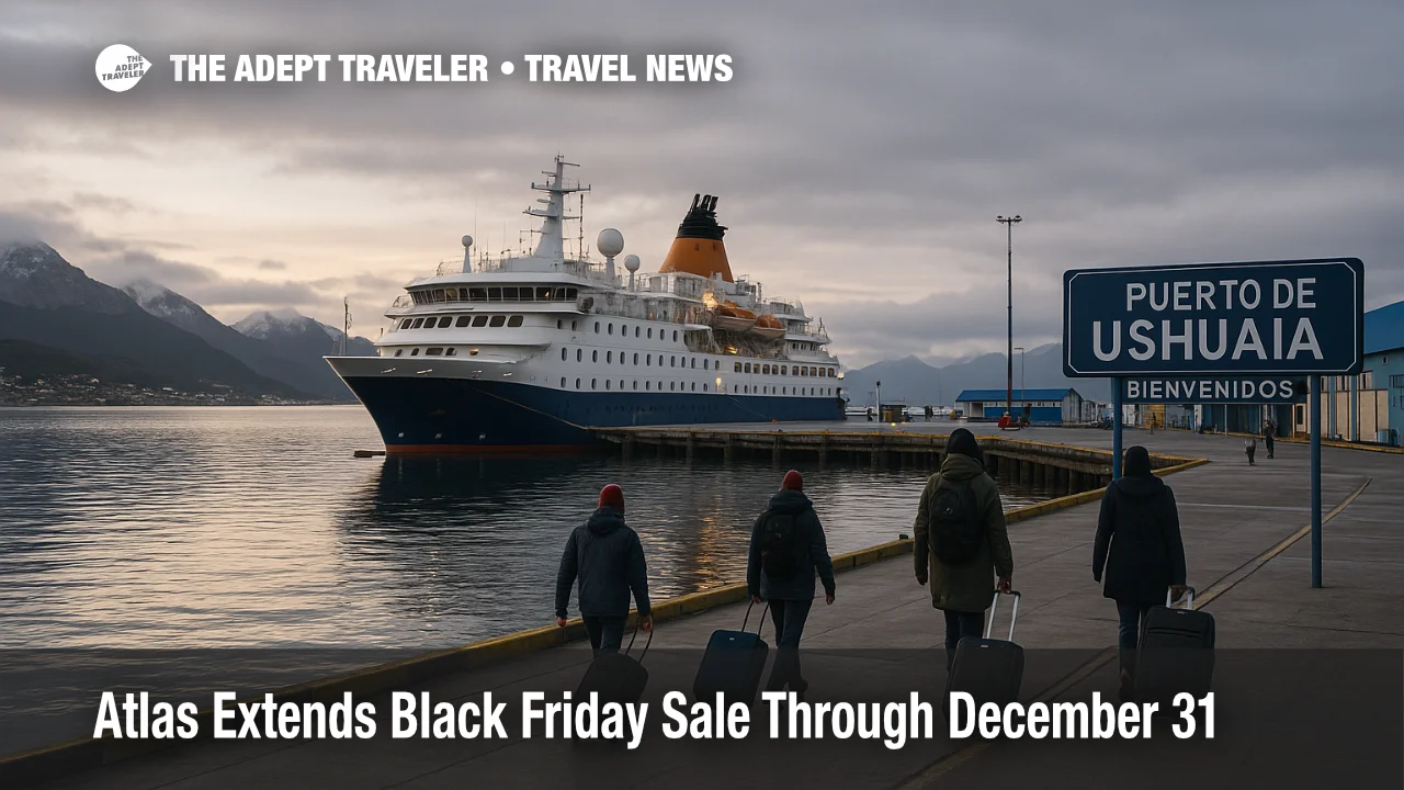 Small expedition cruise ship docked at Ushuaia port as travelers board, illustrating Atlas Black Friday cruise deal savings on polar voyages