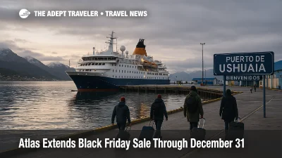 Small expedition cruise ship docked at Ushuaia port as travelers board, illustrating Atlas Black Friday cruise deal savings on polar voyages
