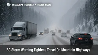 Snowy BC storm warning mountain highways travel scene on the Coquihalla Highway with slow traffic, plows working, and low visibility.
