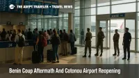 Travelers at Cotonou check in after Cotonou airport reopening as soldiers patrol nearby following the Benin coup attempt.