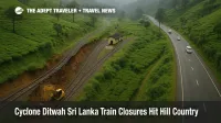 Landslide damage from Cyclone Ditwah Sri Lanka train closures leaves a hill country rail line near Kandy and Ella shut while road traffic diverts along nearby mountain roads.
