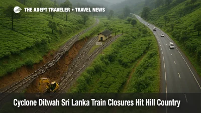 Landslide damage from Cyclone Ditwah Sri Lanka train closures leaves a hill country rail line near Kandy and Ella shut while road traffic diverts along nearby mountain roads.