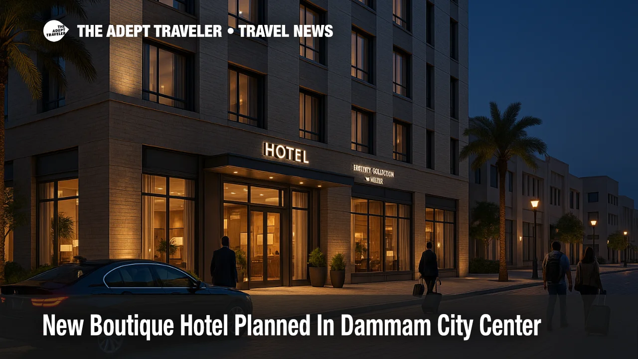 Evening view of planned Dammam boutique hotel with guests arriving by car, illustrating the Dammam boutique hotel opening.
