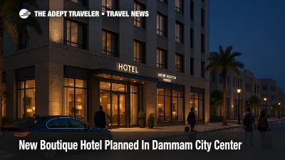 Evening view of planned Dammam boutique hotel with guests arriving by car, illustrating the Dammam boutique hotel opening.