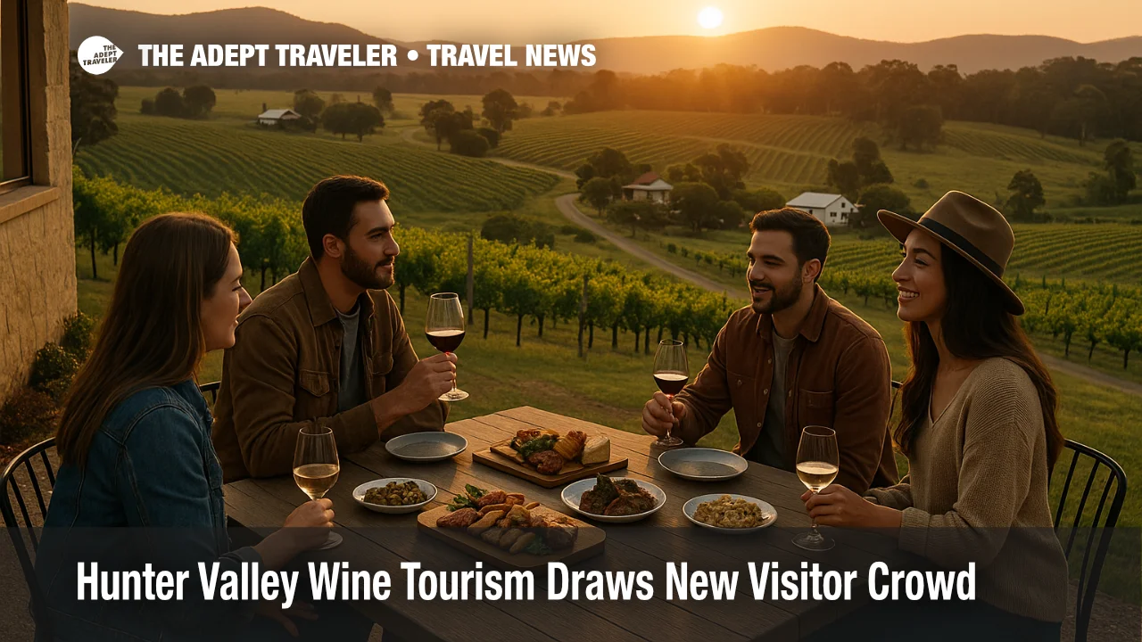 Small group enjoys Hunter Valley wine tourism at a hilltop vineyard in New South Wales with cellar doors, shared plates, and sunset over rolling vines