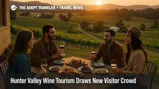 Small group enjoys Hunter Valley wine tourism at a hilltop vineyard in New South Wales with cellar doors, shared plates, and sunset over rolling vines