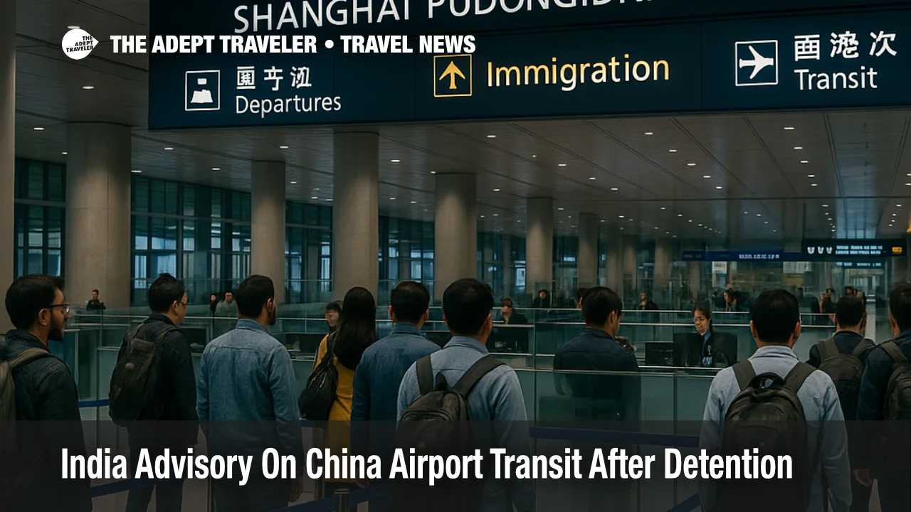 Indian travelers wait at Shanghai Pudong immigration as India China airport transit advisory highlights detention risks