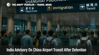 Indian travelers wait at Shanghai Pudong immigration as India China airport transit advisory highlights detention risks