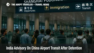 Indian travelers wait at Shanghai Pudong immigration as India China airport transit advisory highlights detention risks