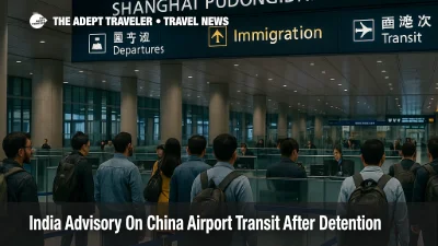 Indian travelers wait at Shanghai Pudong immigration as India China airport transit advisory highlights detention risks