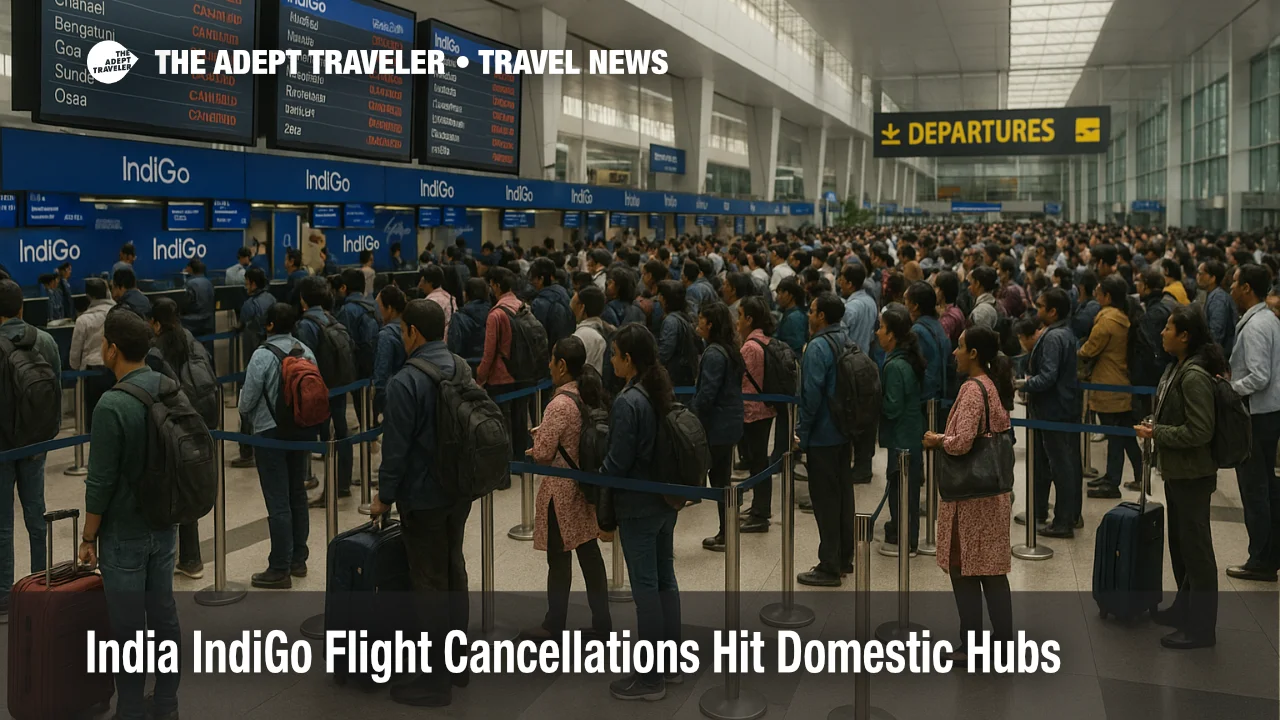 Crowded check in queues at Delhi airport as IndiGo flight cancellations India reduce domestic capacity and leave travelers facing delays and rebookings