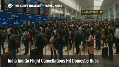 Crowded check in queues at Delhi airport as IndiGo flight cancellations India reduce domestic capacity and leave travelers facing delays and rebookings