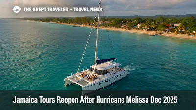 Catamaran off Negril as Jamaica excursions reopen after Hurricane Melissa, with calm seas and a few small groups on deck
