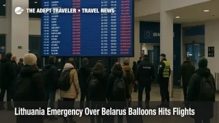 Travelers watch a departures board at Vilnius as Lithuania Belarus balloons flights disruption causes delays during the state of emergency